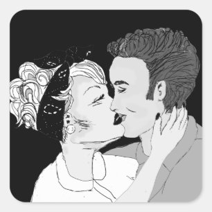 Sticker Carré Couple de baiser rétro noir et blanc