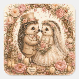 Sticker Carré Couple de hérissons de mariage romantique floral