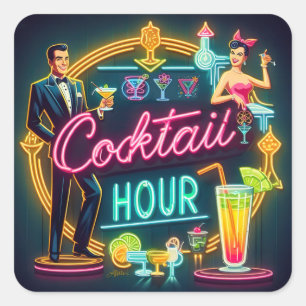 Sticker Carré Couple de l'heure du cocktail enseigne au néon du