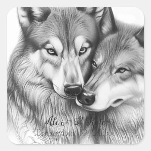 Sticker Carré Couple de loup mignon   Mariage romantique