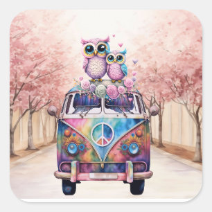 Sticker Carré Couple d'hibou sur un Van hippie