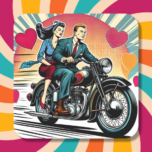 Sticker Carré Couple rétro mignon en moto Saint Valentin