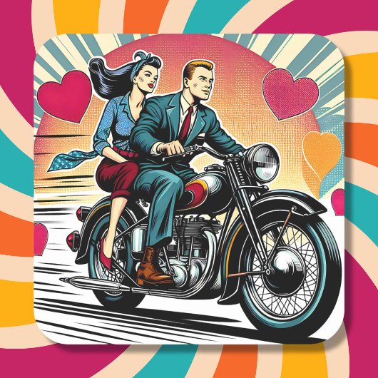 Sticker Carré Couple rétro mignon en moto Saint Valentin