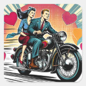 Sticker Carré Couple rétro mignon en moto Saint Valentin (Devant)