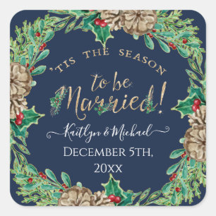 Sticker Carré Courbe de Noël Marine Blue Holly Pine Cone Mariage