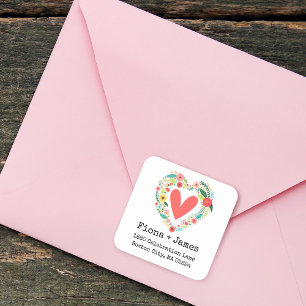 Sticker Carré Couronne de cœur florale classique Adresse de reto