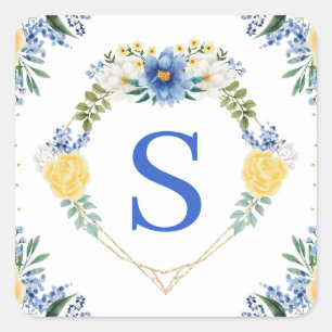Sticker Carré Couronne de fleurs bleues et jaunes avec monogramm