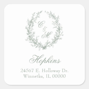 Sticker Carré Couronne de fleurs de mariage vert sauge monogramm