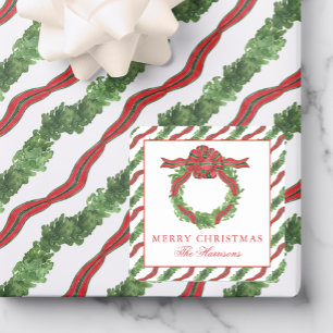 Sticker Carré Couronne de Noël à l'aquarelle rouge et verte avec