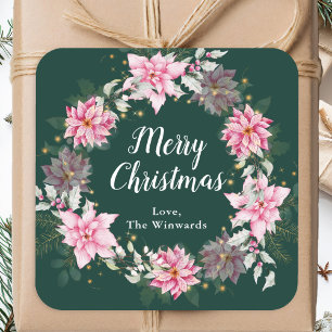 Sticker Carré Couronne de Noël au poinsettia rose Joyeux Noël