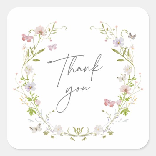 Sticker Carré Couronne de papillon de fleur sauvage Merci (Devant)