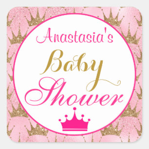 Sticker Carré Couronne de Princesse Rose Chaud et Paillettes Dor