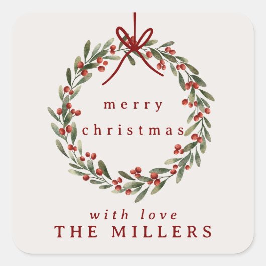 Sticker Carré Couronne feuillage de Noël avec arc rouge (Devant)