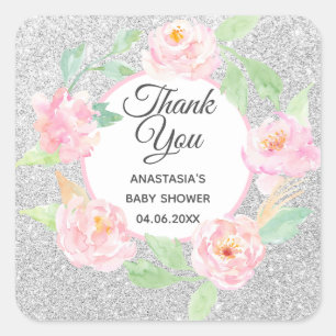 Sticker Carré Couronne florale argent et rose Merci Baby Shower