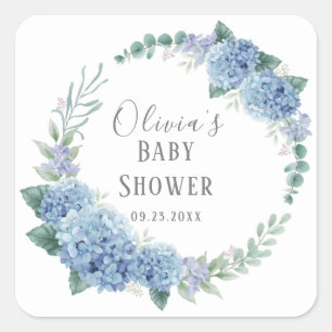 Sticker Carré Couronne florale bleue personnalisée pour Baby Sho