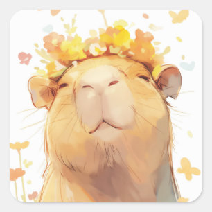 Sticker Carré Couronne florale de capybara