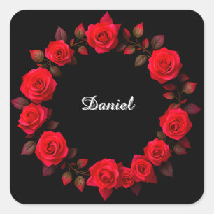 Sticker Carré Couronne florale de rose rouge sur fond noir
