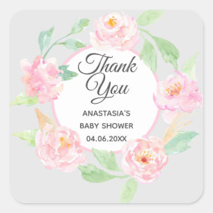Sticker Carré Couronne florale grise et rose Merci Baby Shower