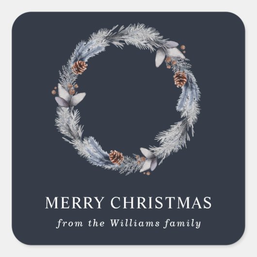 Sticker Carré Couronne florale hivernale argentée bleue rustique (Devant)