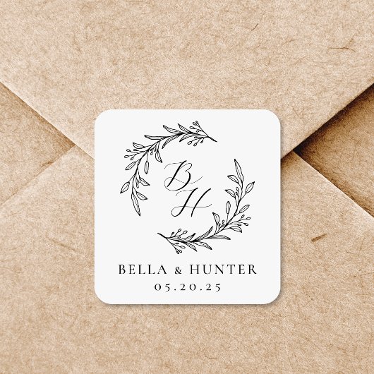 Sticker Carré Couronne florale initiale de mariage monogramme