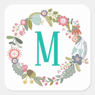 Sticker Carré Couronne florale Monogramme personnalisée