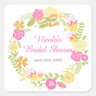 Sticker Carré Couronne florale rose chaud mariage