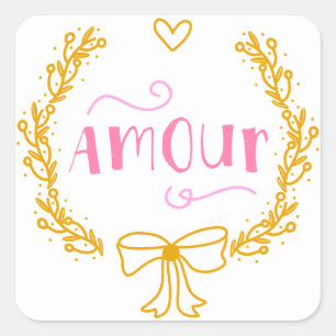 Sticker Carré Couronne florale rose fuchsia et or mariage Amour