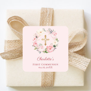 Sticker Carré Couronne florale rose pastel pour première communi