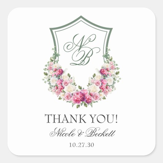 Sticker Carré Couronne florale rose remerciement de mariage (Devant)