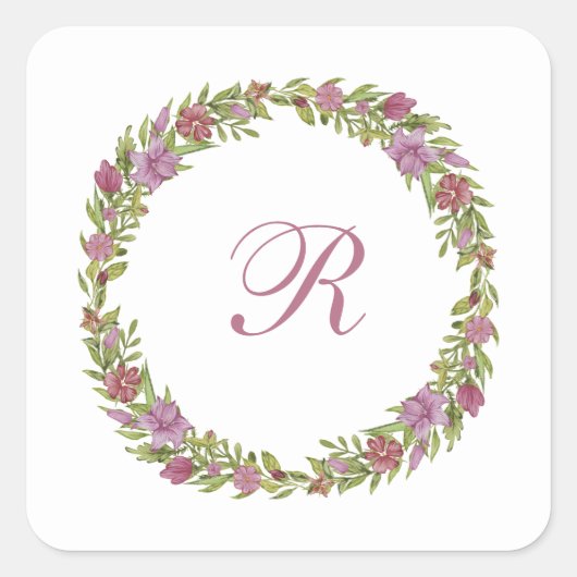 Sticker Carré Couronne florale violet vert Monogramme (Devant)