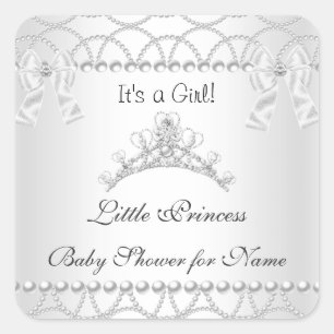 Sticker Carré Couronne Princesse Baby Shower Fille Argent Blanc 
