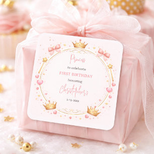Sticker Carré Couronne Princesse en Or Rose Conte de Fées 1er An
