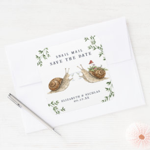 Sticker Carré Courrier Escargot Enregistrez la Date Mariage Aq