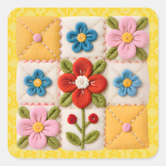Sticker Carré Courtepoint en patchwork de fleurs brodées
