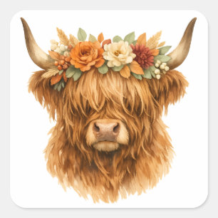 Sticker Carré Coussin de jet de vache Highland Boho avec couronn