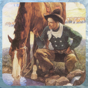 Sticker Carré Cow-boy abreuvant son cheval par NC Wyeth, Art vin