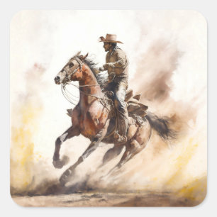 Sticker Carré Cow-boy western poussiéreux à l'aquarelle montant 