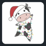 Sticker Carré Cow Cheerful Christmas Winter Animals<br><div class="desc">The cow at Christmas with fairy lights. Funny animals with toxits and snow for the holidays. Donc Funny for Christmas in July. Cows are cute animals et perfect pour Christmas.</div>
