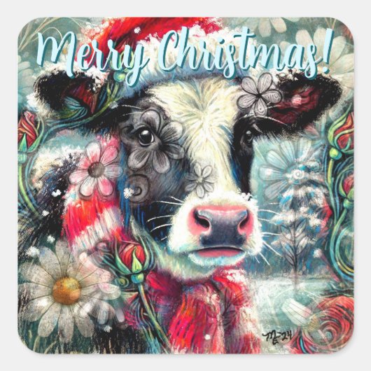 Sticker Carré Cow Dreaming of Warmer Times Floral Personalized (Devant)