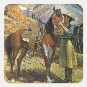 Sticker Carré Cow-girl vintage et cheval