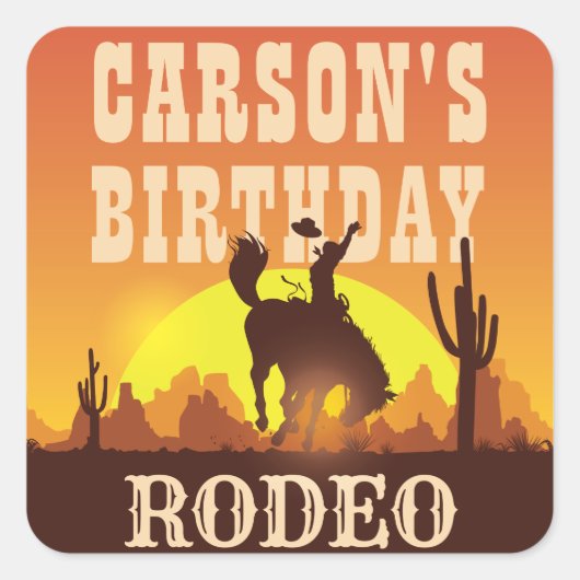 Sticker Carré Cowboy Anniversaire Rodeo, Wild West, Joyeux Anniv (Devant)