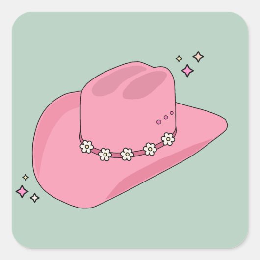 Sticker Carré Cowboy Casquette Preppy Rose Et Vert (Devant)