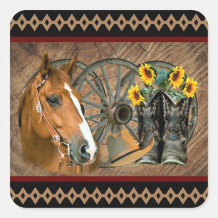 Sticker Carré Cowboy de Western Horse Cowboy Cowboy Hat Wagon Wh