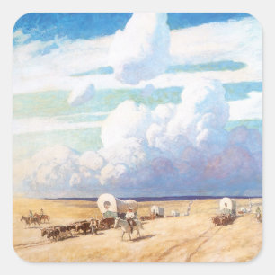 Sticker Carré Cowboys occidentaux vintages, Wagons couverts par