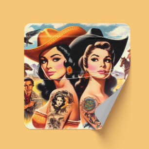 Sticker Carré Cowgirls Tatouées Vintage