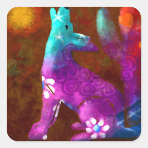 Sticker Carré Coyote Art Abstrait Saguaro Cactus Désert Brown