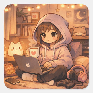 Sticker Carré Cozy Gamer Introvert Aesthetic Hoodie Girl Gaming 