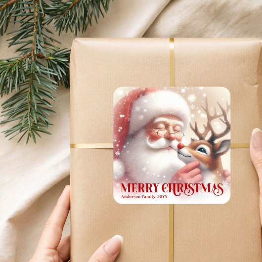 Sticker Carré Cozy Personalized Santa and Rudolph Christmas Gift