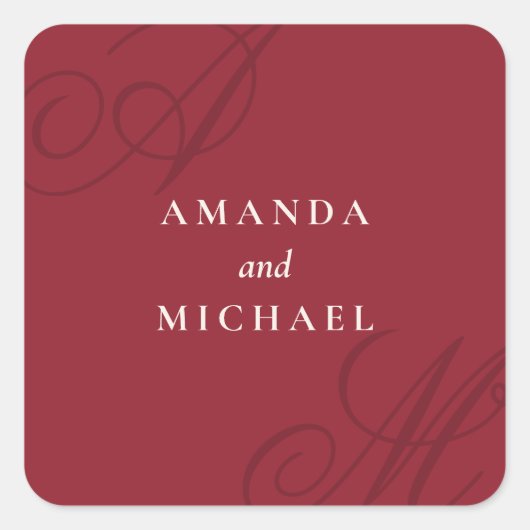 Sticker Carré Cranberry Red Modern Edge Élégant Mariage Monogram (Devant)
