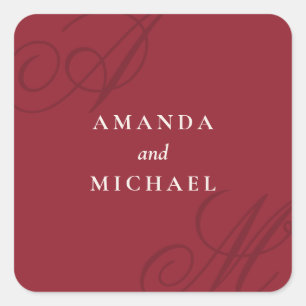 Sticker Carré Cranberry Red Modern Edge Élégant Mariage Monogram